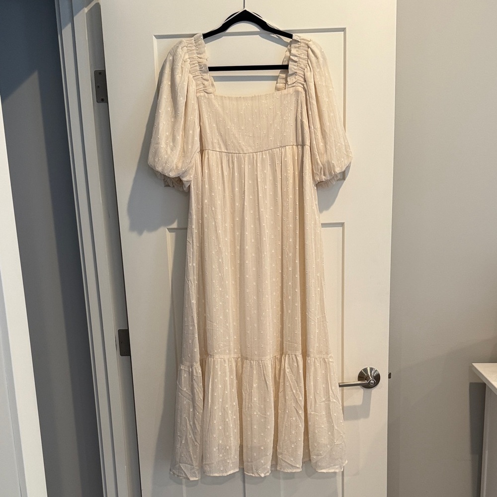 The Post Swiss Dot Midi Dress with Puff Sleeves and Metallic Lurex Stripes
